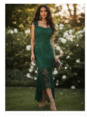 This Vici Collection Crochet Lace Ruffle Midi Green Dress NWOT
